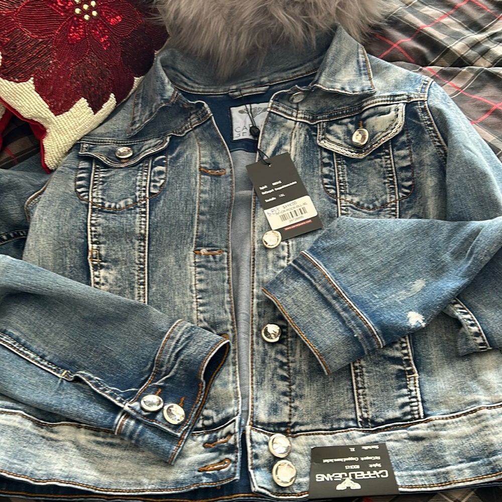Carrillo Jean jacket with silver sequins and fake diamond buttons, so fun
